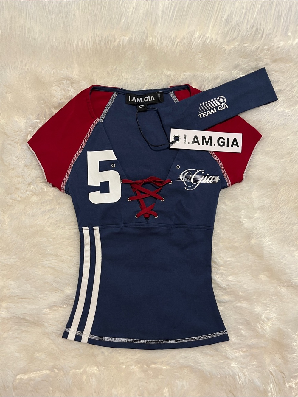 I AM GIA Novia Lace Up T-Shirt Y2K Red and Navy Blue